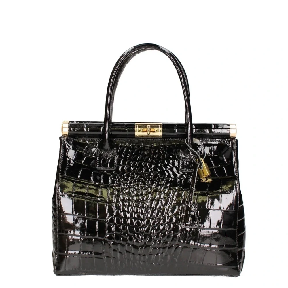 Vera Pelle leather Elegant Black-Embossed Handbag